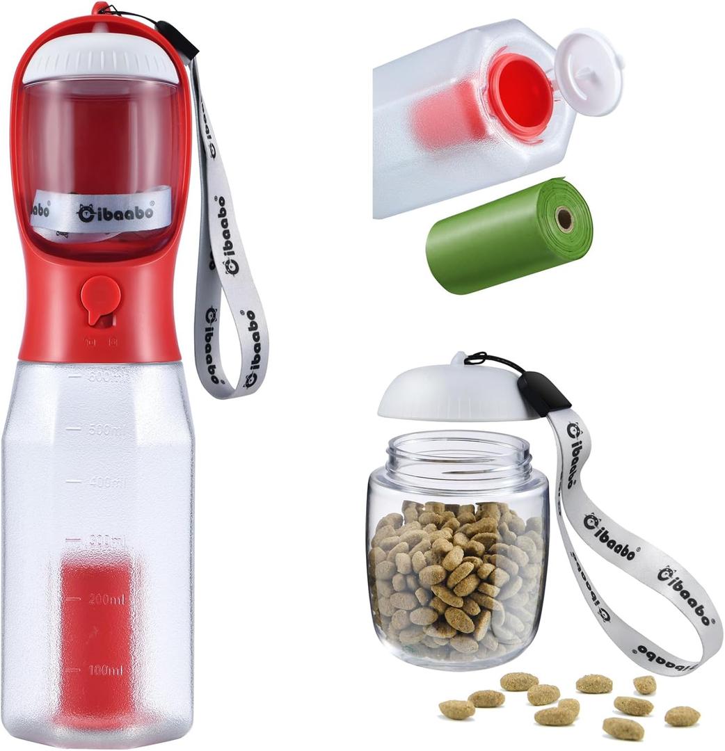 Dog Water Bottle with Food Container & Poop Bag Holder, Travel Water Bowl, Portable Pet Dispenser, Dog Gifts Stuff Accessories Items, Puppy Essentials for Yorkie Chihuahua Walking Hiking (20oz, #11 Red)