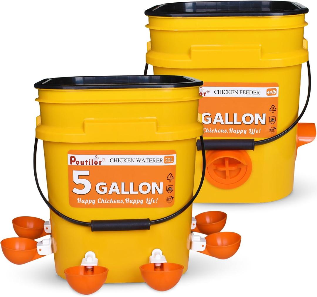 5 Gallon/44 Lbs Automatic Chicken Feeder & Waterer Set with Buckets, No Waste Feeder Port & Waterer Cup, Rain Proof Poultry Feeders, Keeps Out Small Animals, Ideal for Duck, Chick & Turkey