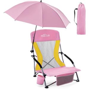 Homcosan Portable Low Folding Beach Chair with Detachable Umbrella - Lightweight Camping Chair for Adults with Cup Holder & Storage Pocket, Carry Bag Included (Pink & Yellow), 1 Pack