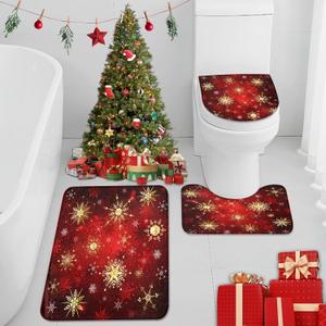 Arttown Merry Christmas Bathroom Rug Set of 3, Red and Gold Snowflake 3 Pieces Bath Mats Set, No Silp Washable Cover Floor Rug Decorations for Kitchen Bathroom Bedroom