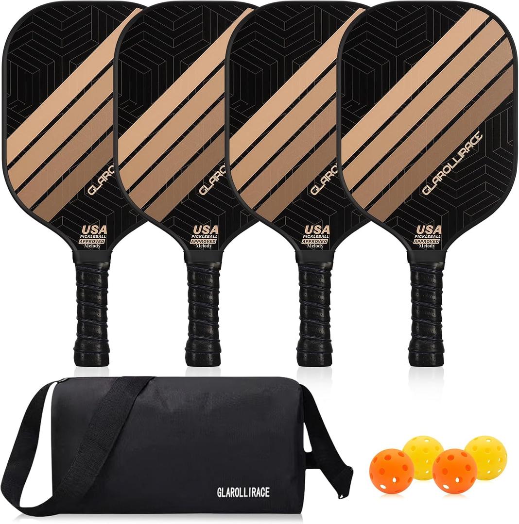 Pickleball Paddles Set of 2 | 4 Pickleball Rackets, USAPA Approved Pickleball Set, Fiberglass | Carbon Fiber Surface & 13 mm PP Honeycomb Core,4 Indoor & Outdoor Pickle Balls