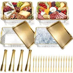 Baderke 4 Set Chilled Serving Tray for Christmas Parties Ice Chilled Party Platter Charcuterie Serving Board Cold Dish Dip with Forks Tongs for Fruit Seafood Vegetable Appetizer (11.81",Gold)