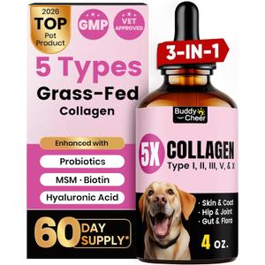 Premium Collagen for Dogs & Cats  5 Types of Grass-Fed Collagen (I, II, III, V & X), Fast Allergy & Itch Relief Dog Colgeno with MSM, Biotin & Hyaluronic Acid  Supports Healthy Skin & Joints 120ml