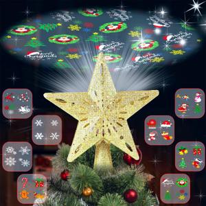 Christmas Tree Topper Lighted with 8 Projection Modes, Christmas Star Tree Topper Built-in LED Rotating Lights, 3D Gold Star Tree Top Glitter Projector for Xmas Party Holiday Decorations