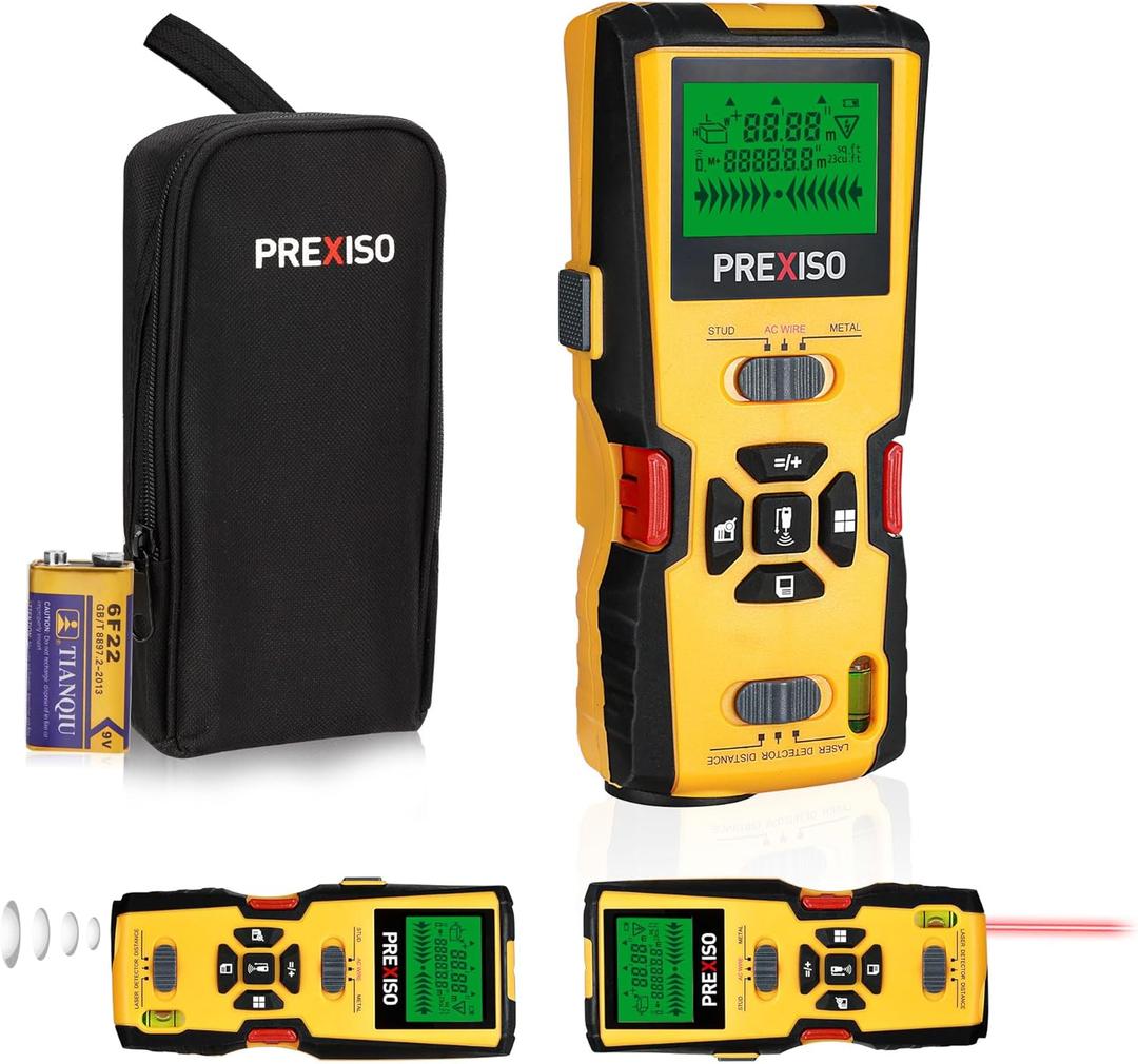PREXISO 5-in-1 Stud Finder with Laser Level Marking & Ultrasound Distance Measure - Wall Scanner Beam Finders for Dry Interior Walls, Metal Studs - Area, Volume, Addition | Wood, AC Wire Detector
