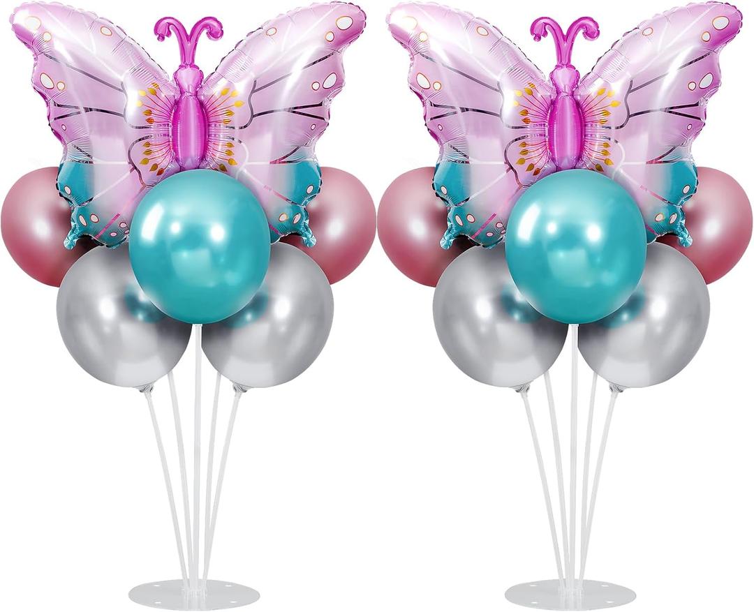 Butterfly Decorations Balloon Stand Kit 2 Sets, Birthday Party Decoration Pink Purple Butterfly Balloons Mylar Foil Balloons for Birthdays, Baby Shower, Anniversary, Wedding Party Supplies