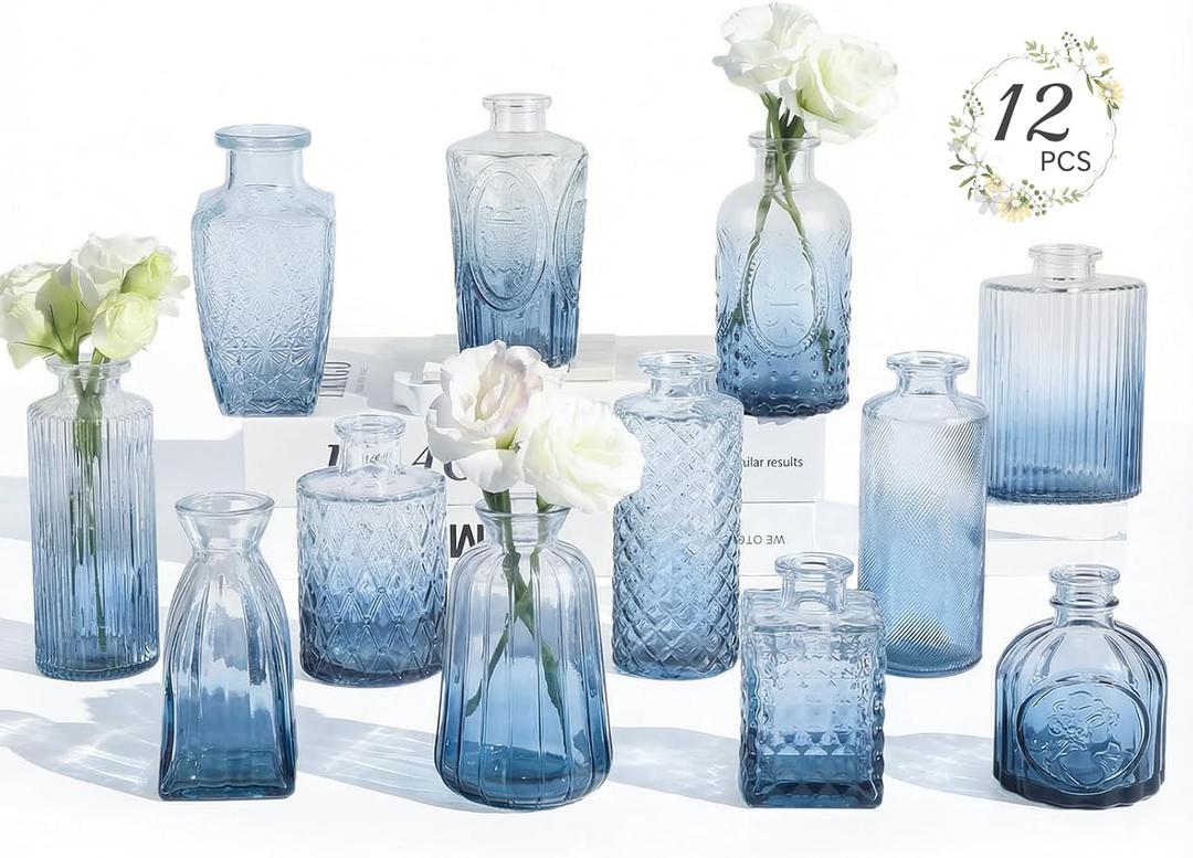 RUCKAE 12 Pack Glass Bud Vases Mini Flower Vase Small Vintage Vases for Centerpiece Table Wedding Decorations Home Decor Party (Gradient Blue)