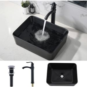 black Bathroom Vessel Sink and Faucet Combo -VOKIM 19"x15" Modern Rectangle Above Counter black Porcelain Ceramic Vessel Vanity Sink Art Basin& Oil Rubbed Bronze Faucet Combo