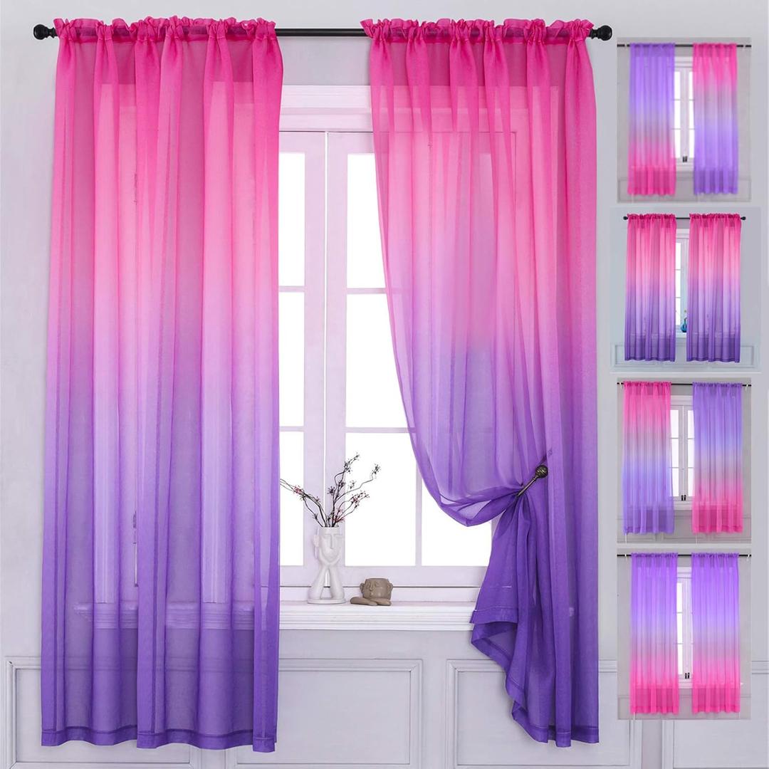 Yancorp 2 Panel Sets Bedroom Curtains 96 inch Length Sheer Curtain Pink Purple Ombre Curtains Rod Pocket Drapes for Girls Living Room Mermaid Bedroom Nursery Kid Window Decor(Pink Purple, 40"x96")