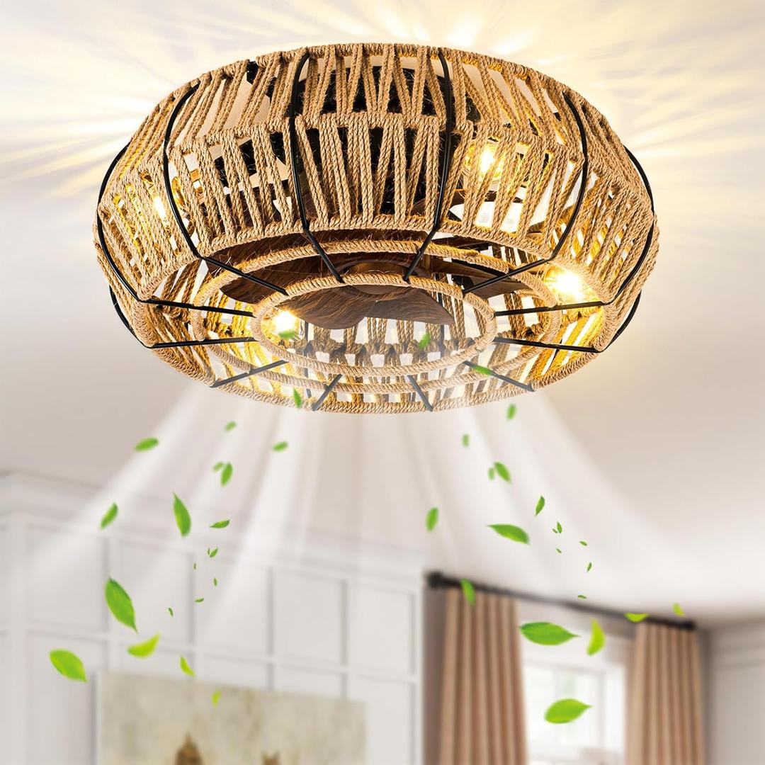 Caged Ceiling Fans with Lights and Remote, 20inch Woven Bladeless ceiling fan, Low Profile Flush Mount Enclosed Boho Ceiling Fan with Light for Living Room, Bedroom, Dinning Room, Brown
