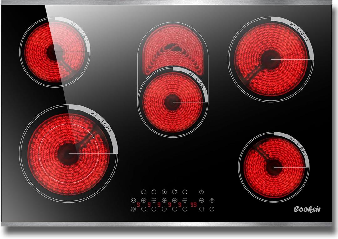 Electric Cooktop 30 Inch - 5 Burner Electric Stove Built-in 8400W High Power, 30 In Ceramic Stove Touch Control with Timer, Safety Lock, Glass Metal Prame, 220-240V Hard Wired (No Plug)