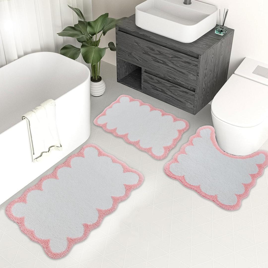 Urltmaji Scalloped Bathroom Rugs Sets 3 Piece, Non-Slip Cute Bath Mat with U-Shaped Contour Quick Dry Absorbent Plush Microfiber Pink Toilet Mats Fun Machine Washable Bath Rug for Sink Tub Shower (U 24" x 20"+26" x 18" + 32" x 20")