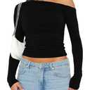 Darong Women's Casual Boat Neck Off Shoulder Long Sleeve Slim Fit Crop Top Going Out Shirts Y2K Tight T Shirts 9026 Black Medium