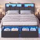 Petkulo Full Size Bed Frame with Storage Drawers, Charging Station and LED Lights, Upholstered Headboard with 2-Tier Shelves, Heavy Duty Metal Slats, No Box Spring Needed, Noise Free, Easy Assembly