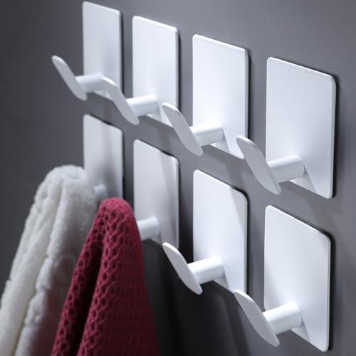DELITON Adhesive Hooks for Hanging, 8 Pack White Wall/Towel Hooks for Bedroom Kitchen No Drill, Heavy Duty Sticky Shower Hook for Robes Coats Waterproof Stainless Steel