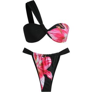 ZAFUL Women's One Shoulder Bikini Twisted Ruched High Cut Bandeau Bikini Set Two Piece Swimsuit, (6-Flower Black, M)
