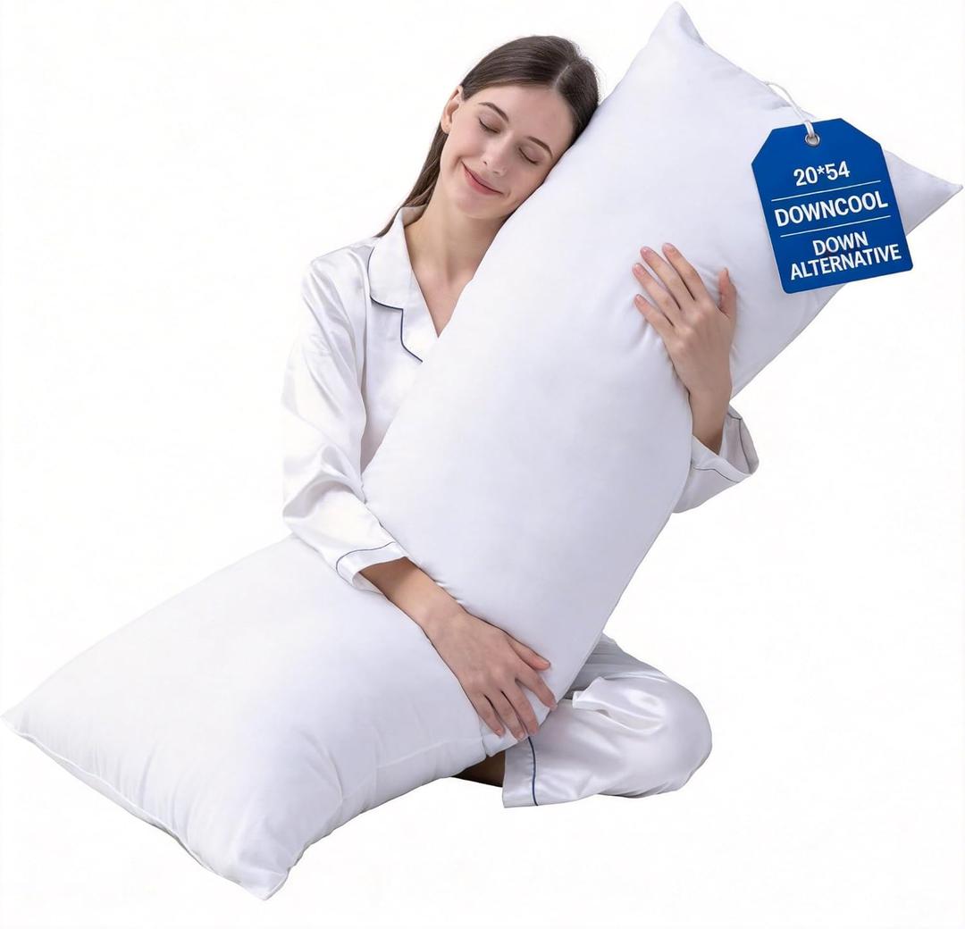 DOWNCOOL Large Body Pillow Insert- Breathable Full Body Pillow for Side Sleeper - Soft Long Bed Pillow for Adults - 20 x 54 inch (White), Insert Only