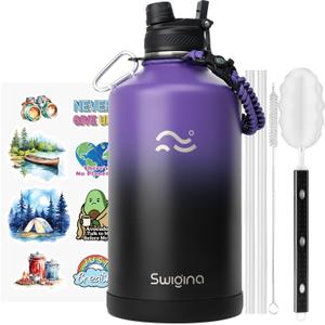 Swigina [2-IN-1 LID] Gallon Insulated Water Bottle with Silicone Boot (48hrs Cold/24hrs Hot) - DIY Stickers, Leakproof, BPA Free, 128 oz (Purple-Black)
