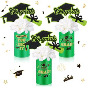 Domensi 3 Sets Graduation Table Centerpiece Decorations Green and Gold Class of 2026 Includes 3 Silk Artificial Flower 9 Congrats Grad Sticks Picks Toppers 3 Metal Vases for Home Party Supplies Gifts