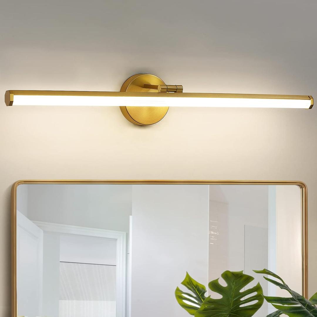 KAISITE 30 Inch Gold Vanity Light - LED Bathroom Lighting Fixture Over Mirror, 24W 4000K Dimmable Modern Light Bar, Rotatable Bath Vanity Fixture