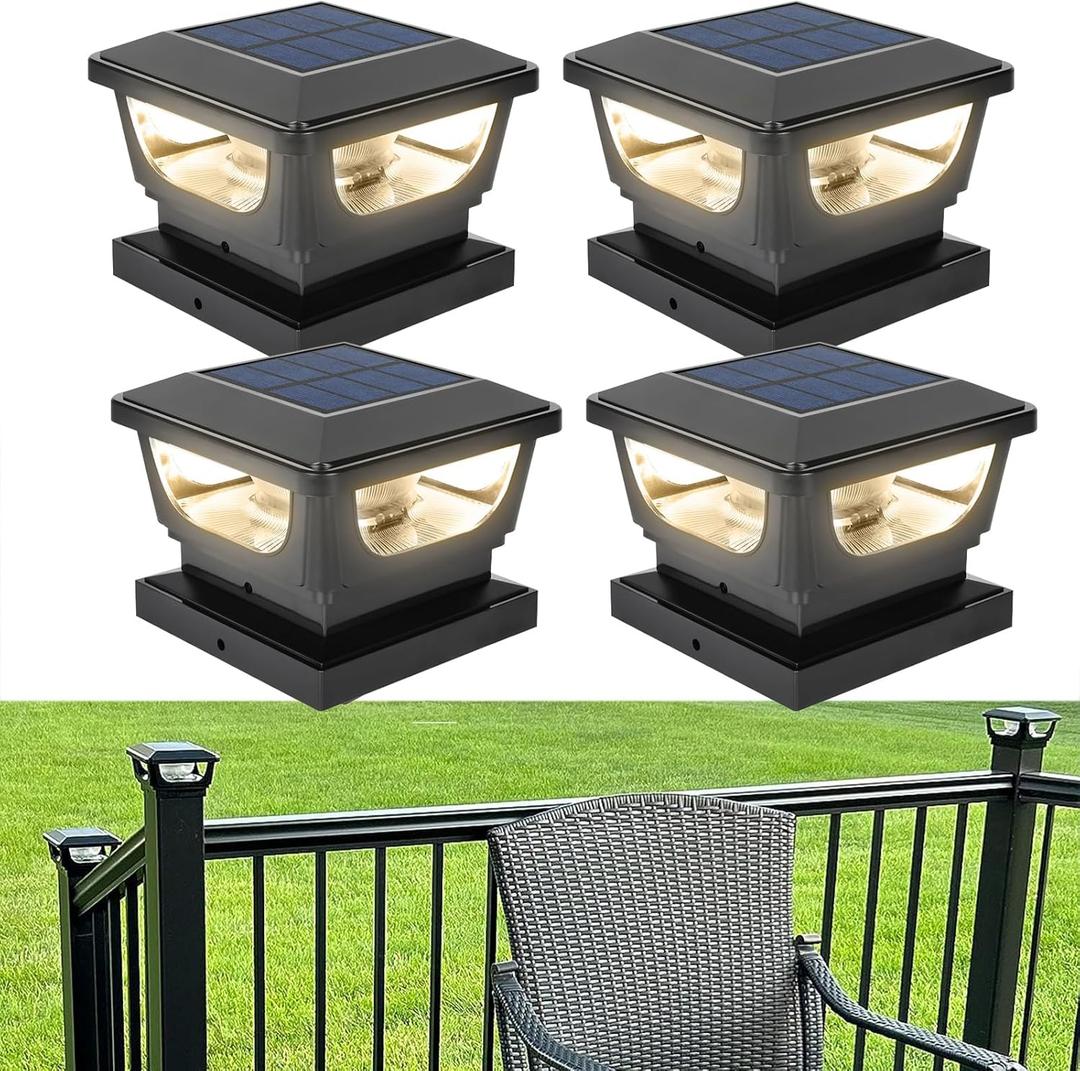 Sumaote Solar Post Cap Lights, 120 Lumen 3000K Warm White LED for 3x3 Metal/Vinyl & 4x4 Wood Posts, IP65 Waterproof Outdoor Garden Fence Deck Lighting, Dusk-to-Dawn Auto On/Off (4 Pack) (Black Shell)