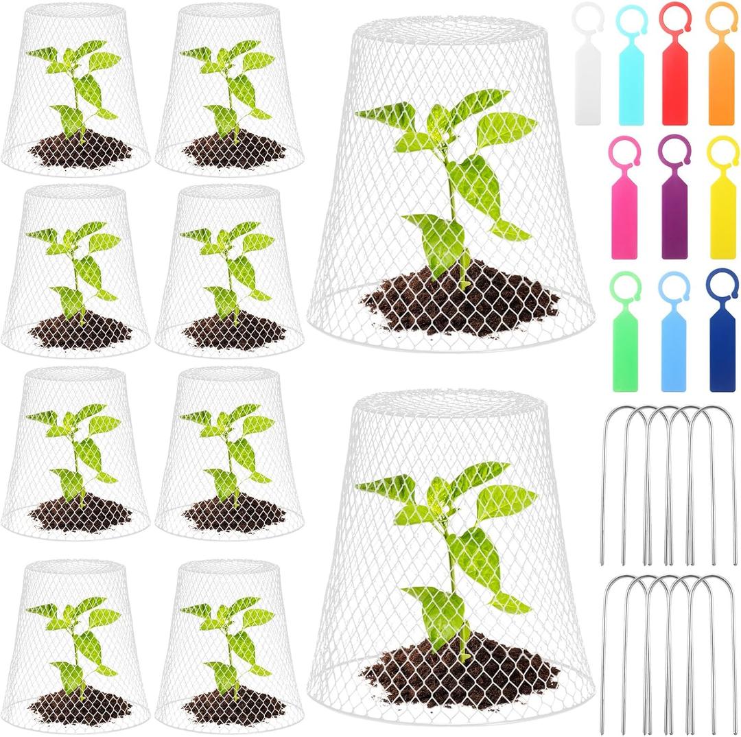 Geosar 10 Pcs 9 inch Chicken Wire Cloche Plant Protector Cover Metal Garden Cloche Dome for Plants Chicken Wire Protection Basket with Garden Stakes for Avoiding Rabbit Bird Small Animals Eat (Black)