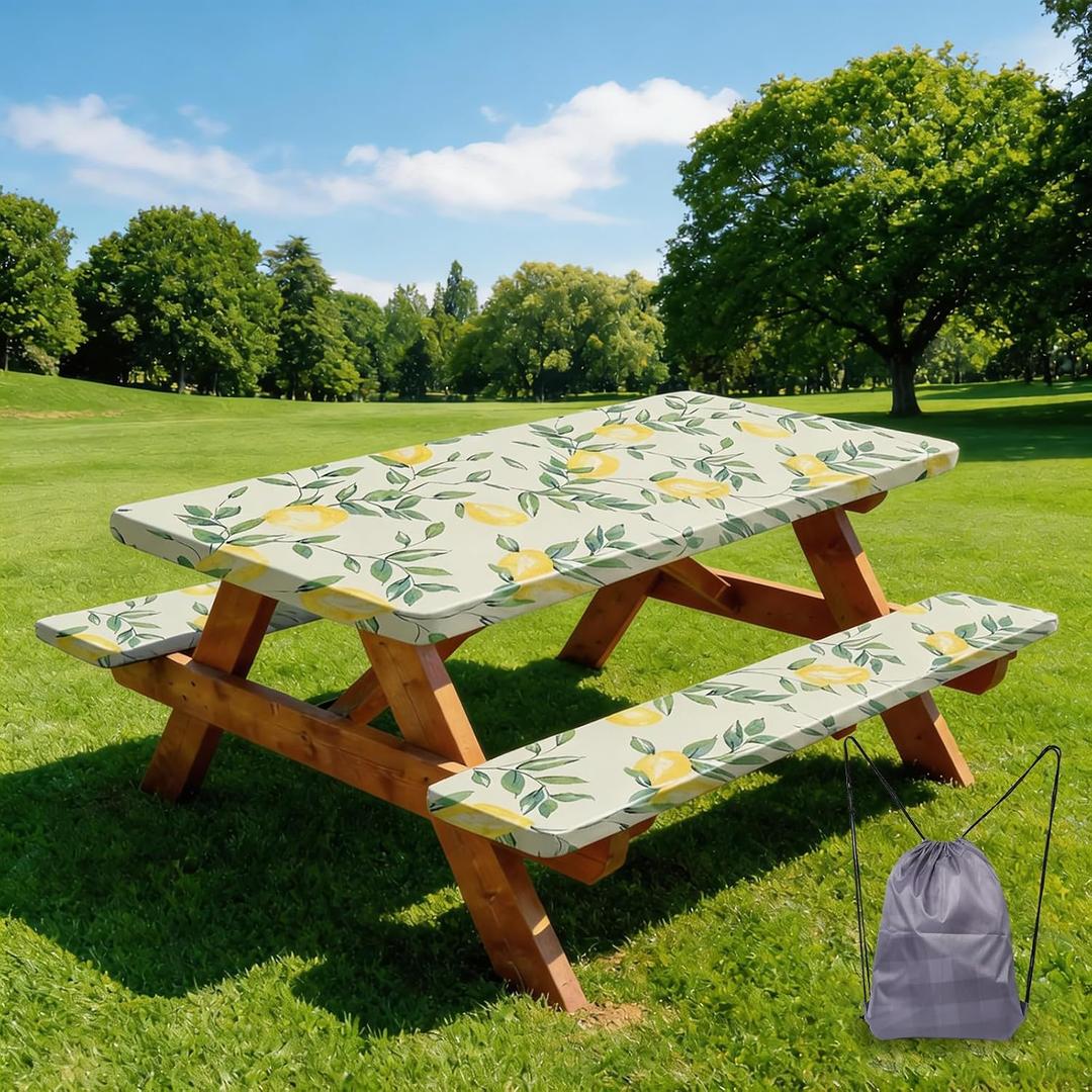 Picnic Table Cover with Bench Covers and Bag,Camping Essentials Waterproof Fitted Camping Tablecloth with Elastic Edges Windproof for 6ft Rectangle Tables and Seats,72in Lemon