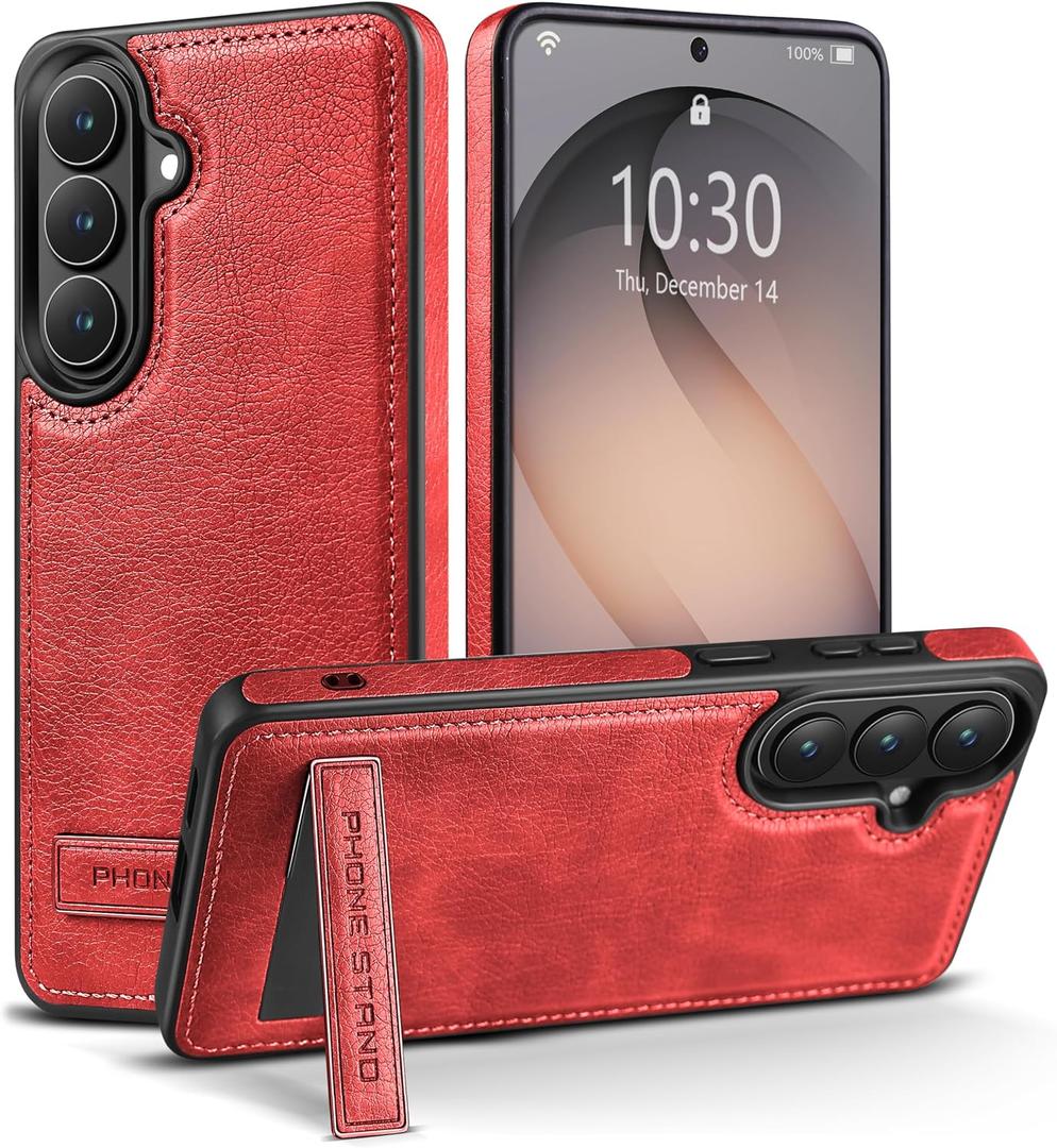 Designed for Samsung Galaxy S26 Plus Leather Case with Stand, Protection Slim Adjustable Kickstand Phone Cover Compatible with Samsung Galaxy S26 Plus (Red)