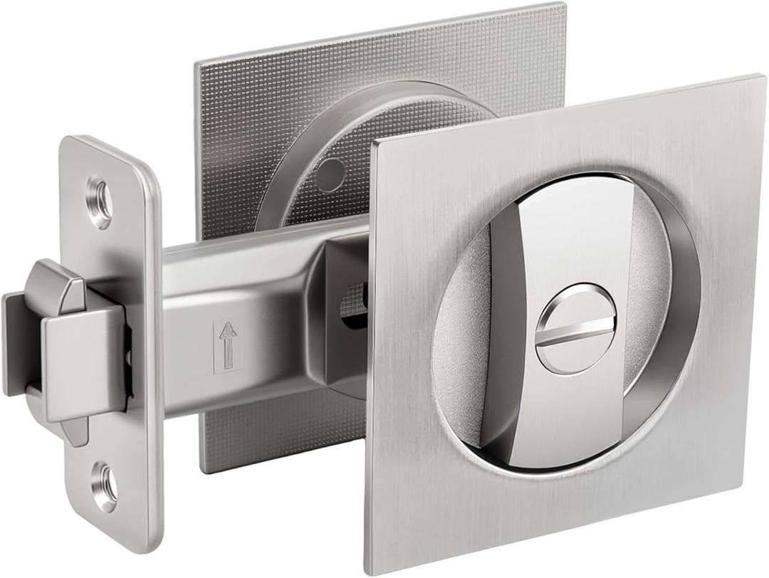 goldenwarm Brushed Nickel Square Pocket Door Lock, Pocket Door Hardware for 2-1/8'' Round Bore Hole, Pocket Door Handles Fit 1-1/4'' to 2'' Thickness Sliding Door 2-3/8'' Latch 1 Pack