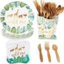 Sparkle and Bash 144-Piece Wild One Safari Party - 9in Paper Plates, 8oz Cups, 6in Flatware & 2-Ply Napkins - Disposable Jungle Tableware & Utensils