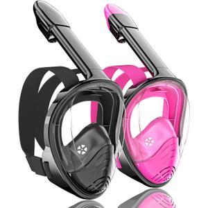 QingSong Full Face Snorkel Mask for Adults, Snorkeling Gear with Camera Mount, 180 Degree Panoramic View Snorkel Set Anti-Fog Anti-Leak (Small-Medium, 2 Pack - Black+Pink)