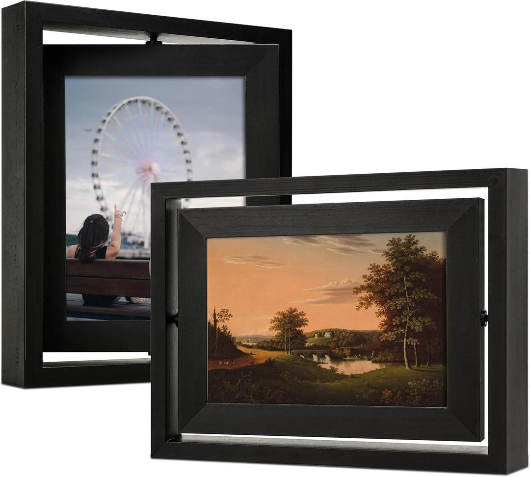 5x7 Rotating Picture Frame 2 Pack, Two-Sided Viewing Display Photo Pine Wooden Real Glass, Vertical or Horizontal Free-Standing Desk Tabletop Frame, Black
