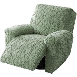 Recliner Chair Covers 4-Pieces, Soft Stretchable Slipcovers with Elastic Straps, Oversized Plush Furniture Protector, Green, Storage Pocket on Arm Cover
