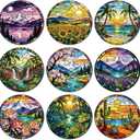 ANATTASOUL Coasters Set of 9 Landscapes Pattern Colorful Wooden Coasters Bulk Round Housewarming Gift for New Home, 3.9" Decorative Coffee Table Protection for Farmhouse Bar House Decor