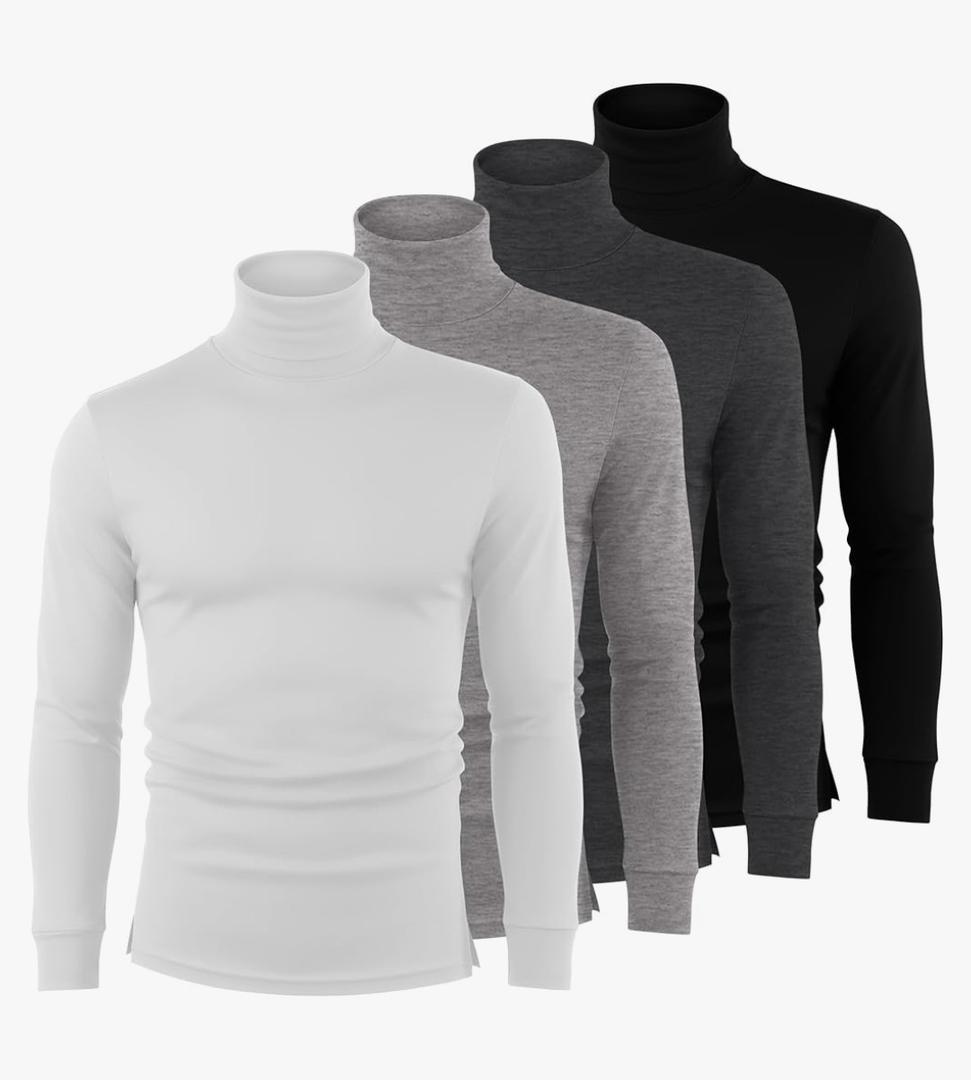 4 Pack Men's Turtleneck Long Sleeve with Cuffs, Thermal Basic Tops Undershirt Pullover, M