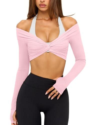 LASLULU Women's Long Sleeve Workout Tops Sexy Twist Front Bolero Shrugs Yoga Gym Ballet Wrap Tops Pilates Outfits (Light Pink, Small)