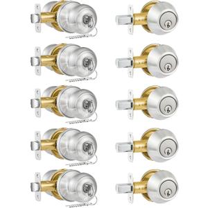 Plustool 5 Pack Entry Door Lock and Single Cylinder Deadbolt Combo Set, Keyed Alike Satin Nickel Exterior Door Knobs with Lock&Keys, Round Ball Door Locksets with Deadbolt for Entrance and Front Door