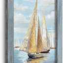 Ocean Nautical Sailboat Wall Art: Rustic Coastal Wooden Framed Sea Boat Seascape Texture Painting Prints Beach Seaside Relaxing Landscape Picture Artwork for Living Room Bedroom Bathroom 24x16 Inch