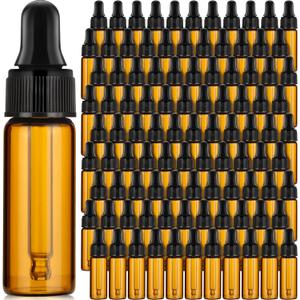 Bokon 100 Pcs Glass Dropping Bottles Mini Essential Oil Dropper Bottles Empty Sample Vials with Black Cap Tiny Storage Jars with Dropper for Perfumes Cosmetic Liquid Aromatherapy Lab (Amber,5 ml)