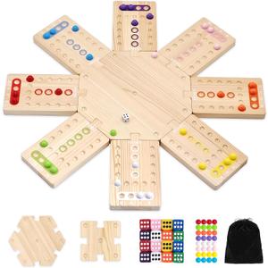 Wooden Board Game, The Wooden Board Can Provide a Gaming Experience for 2 to 8 Players, Featuring 3 Central Hubs, 32 Marbles, and 16 Dice. It is Suitable for Family and Friend Gatherings Board Games