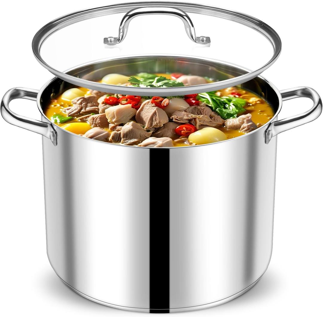 P&P CHEF 20 QT Stock Pot with Lid, Stainless Steel Large Cooking Pot, Soup Canning Stockpot for Stewing Simmering, Tri-ply Bottom for All Stoves, Heavy-Duty &Dishwasher Safe & Food-Grade