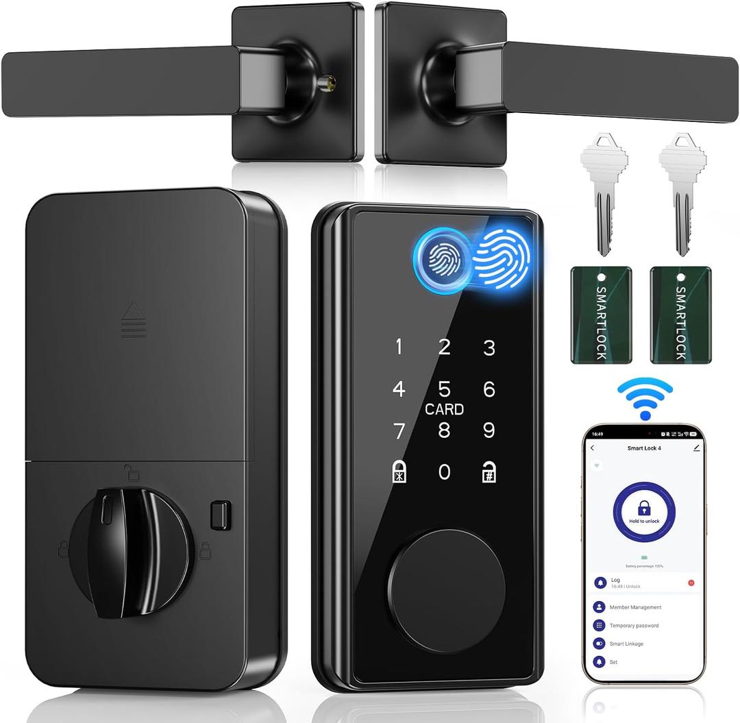 WiFi Fingerprint Smart Lock for Front Door - Keyless Entry Door Lock with Handle Set | No Bridge Required Electronic Digital Keypad Deadbolt with APP Control, Auto-Lock, USB-C Charging Port