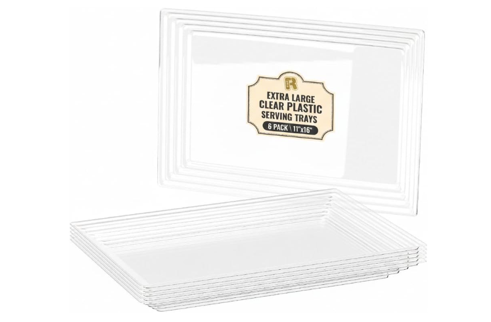 6 Pack Extra Large Plastic Serving Trays for Party - 16 x 11 Clear Plastic Tray - Heavy Duty Trays for Food - Rectangular Party Serving Trays and Platters (Clear)