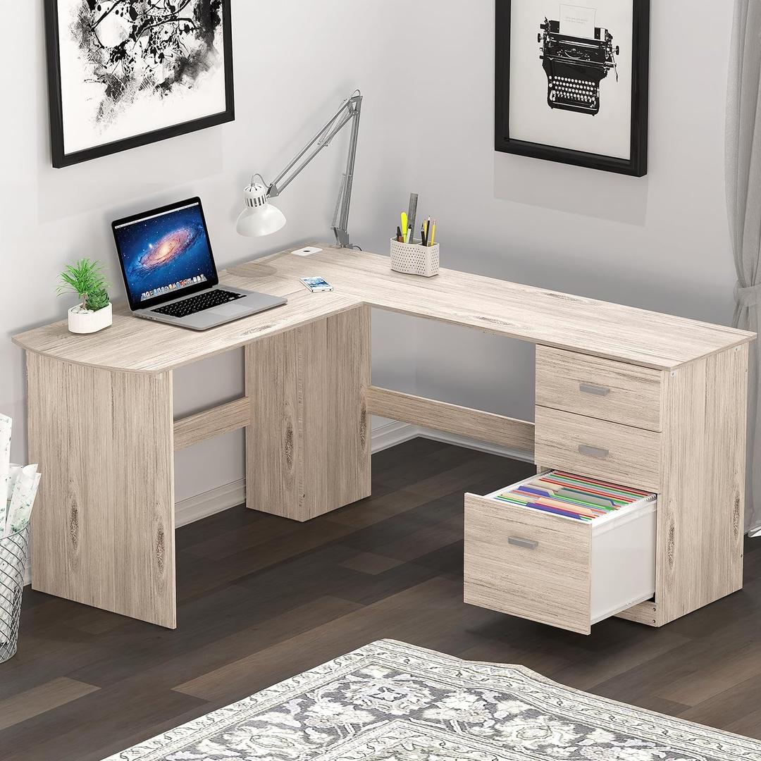 SHW 51 x 59 Inches L-Shaped Home Office Wood Corner Desk with Box Box File Drawers, Maple