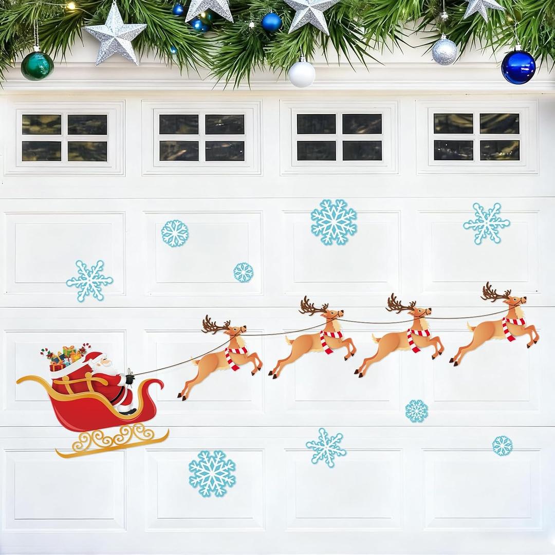 Whaline Merry Christmas Garage Decoration Magnet Stickers Santa Sleigh Garage Door Decals Snowflake Reindeer Magnet Refrigerator Stickers for Christmas Party Home Car Garage Door Decoration, 14Pcs
