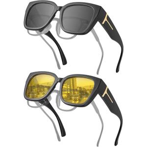 JIM HALO Polarized Sunglasses Fit Over Glasses for Men Women, Square Night Vision Glasses for Driving UV Protection 2 Packs