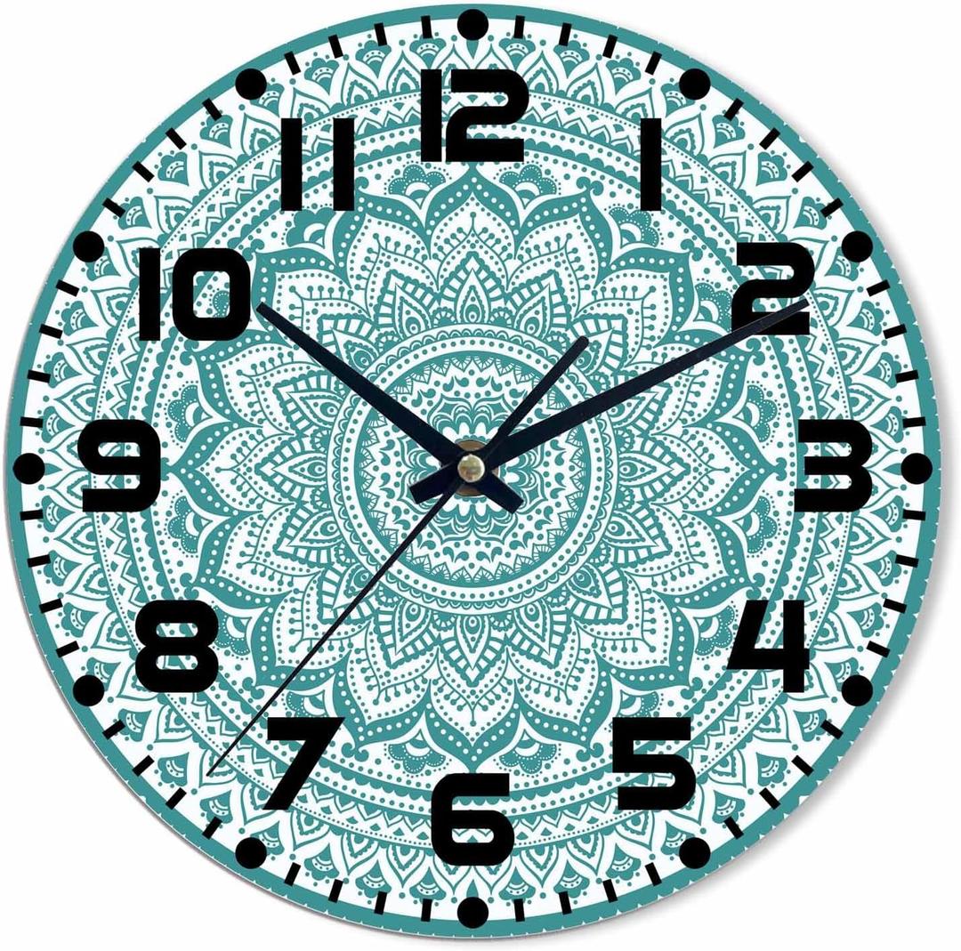 Teal Mandala Flower Wall Clock Battery Operated Retro Ethnic Lace Wall Clock Silent Non Ticking Quality Quartz 10 Inch Round Easy Clock to Read for Home Office