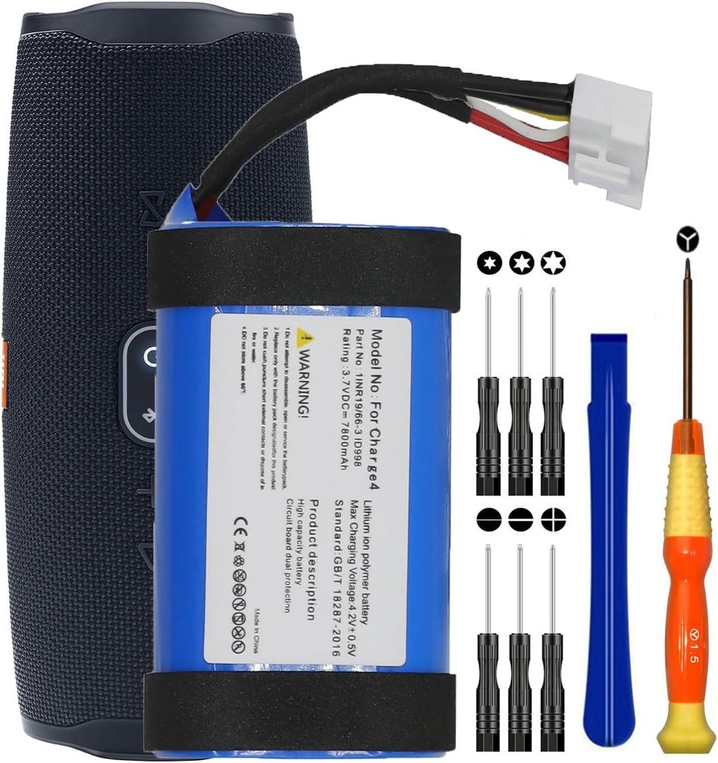 7800mAh 1INR19/66-3 Replacement Battery for JBL Charge 4 Waterproof Bluetooth Speaker Battery lD998 SUN-INTE-118 with Repair Tool Kits