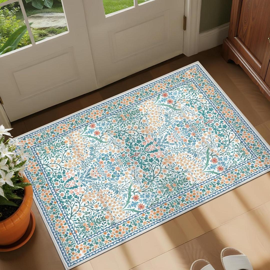 GarveeHome Floral 2x3 Rug Non Slip Boho Bathroom Rug, Soft Small Washable Area Rug Indoor Door Mat Botanical Throw Rugs for Entryway Bedroom, Green