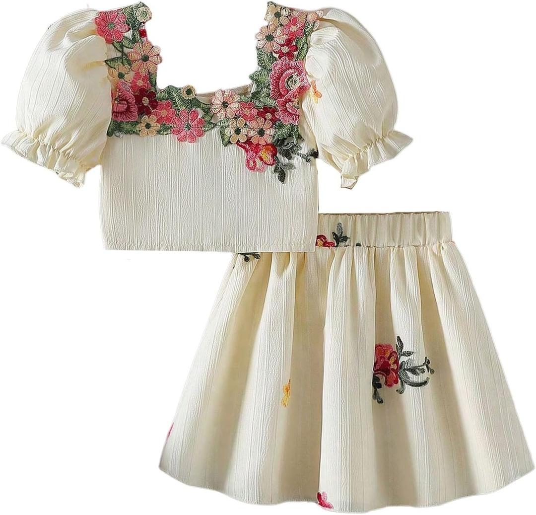 MakeMeChic Toddler Girl's 2 Piece Outfit Summer Floral Puff Sleeve Crop Tops and Skirt Set (Beige)